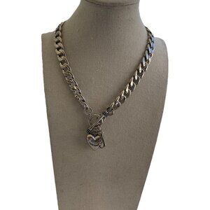 Juicy Couture Logo Heart J Charms Silver Tone Chain Link Toggle Necklace 17”